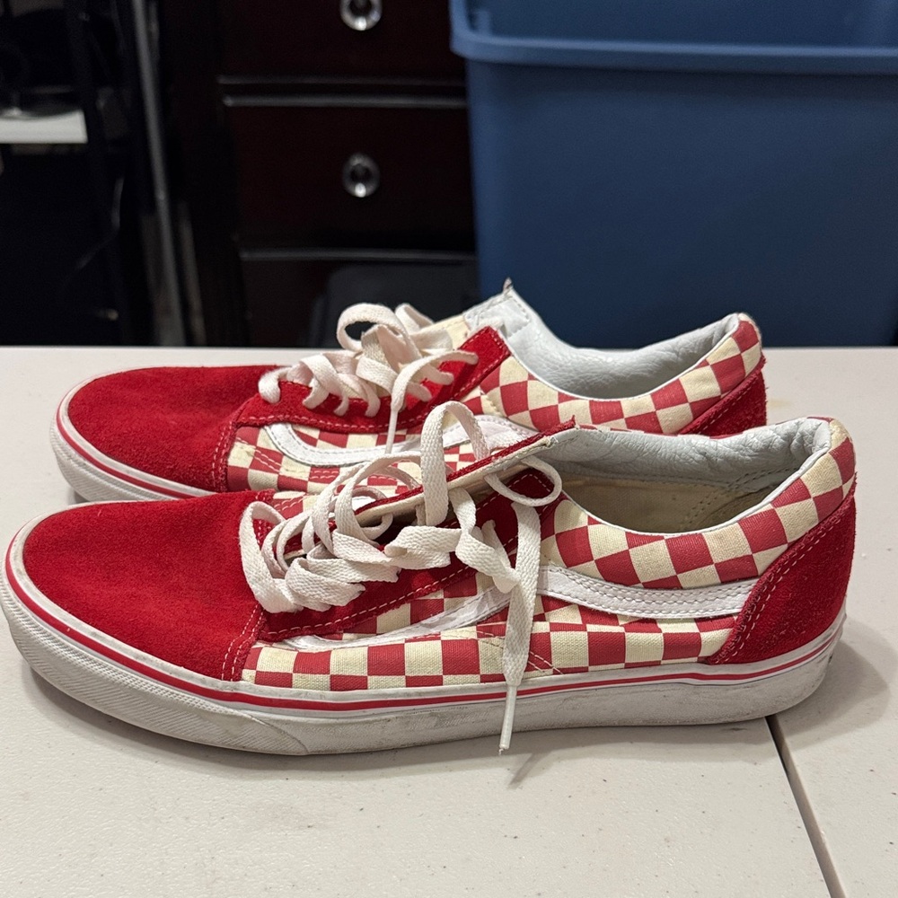Vans Men’s Red and White Checkered Sneakers